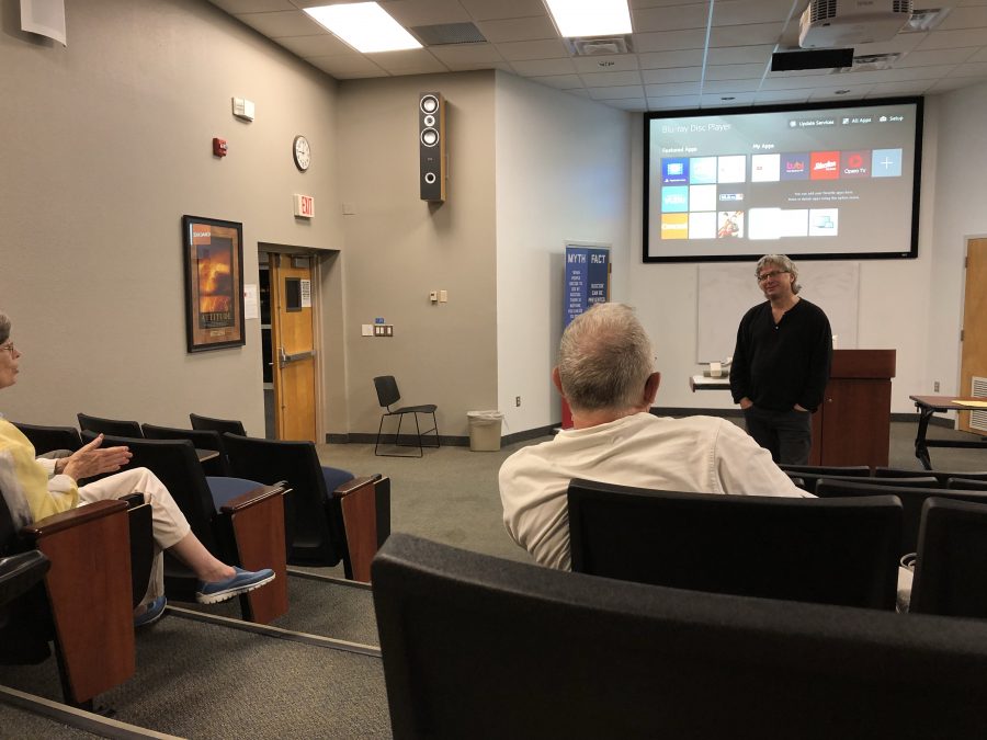 CF Communications Professor Joe Zimmerman leads a discussion with audience members after a showing of “The Second Mother” on Tuesday evening in the Building 8 Auditorium at CF’s Ocala Campus as a part of the International Film Series. 