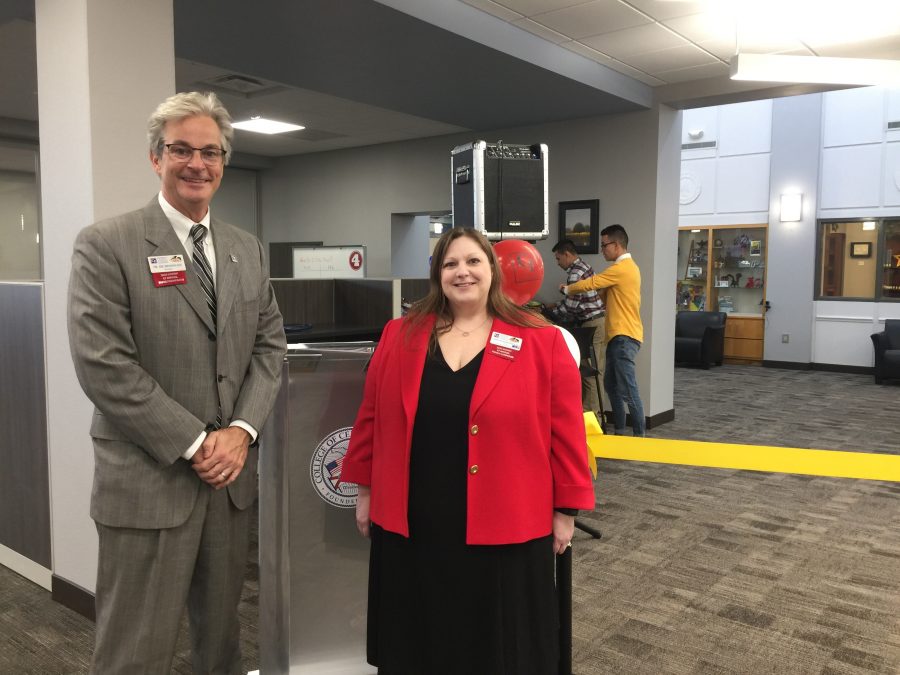 From left to right: CF President James Henningsen and Dean of E-Learning and Learning Resources
Tammi Viviano-Broderick standing in front of the rope that was cut during the ceremony. Both staff
members along with their teams have worked for two years to make this project happen.